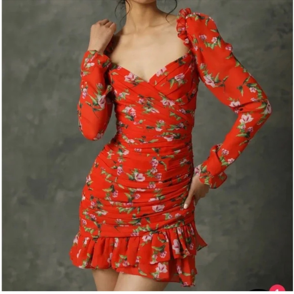 NWT Sau Lee Christy Floral Print Ruched Long Sleeve Chiffon Minidress 2